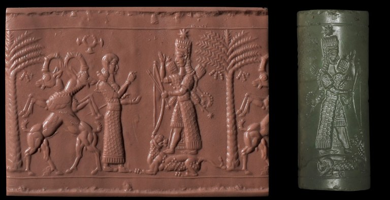 A pale green stone cylinder seal with engraved areas, together with a horizontal brown clay impression representing a beardless male worshiper standing facing right, who points with his right hand and extends the other toward the goddess figure who stands on the back of a couchant lion. The goddess raises her right hand and holds a bow and two arrows in her left. Behind the two figures are a date-palm and two rearing crossed ibexes.