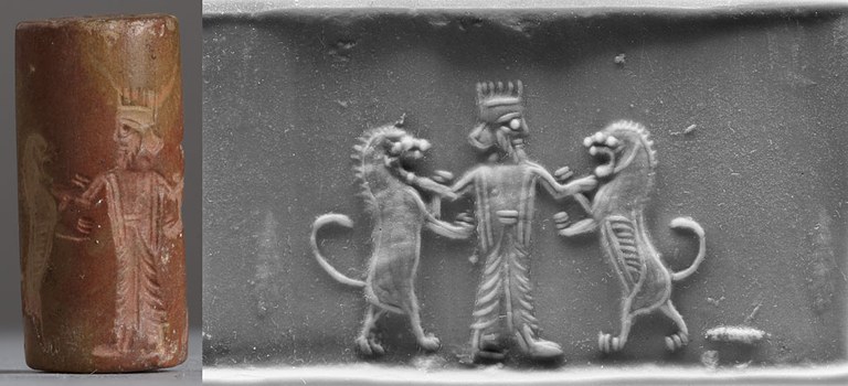Grayish-pink stone cylinder seal with engraved areas. Horizontal impression of the stone seal in gray clay showing a king at center, holding at bay or subduing two monsters or lions, symmetrically posed on either side of the man. The king wears billowy garments and a crown. Figures are slightly abstracted and highly stylized.