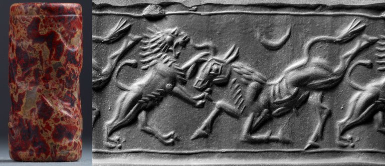 A spotted red stone cylinder seal with engraved areas. Horizontal impression of the stone seal in grey clay showing a lion on the left attacking bull that is plunging to its forefeet.