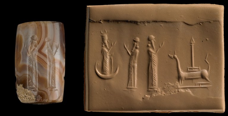 A banded, brown, white-brown and white stone cylinder seal with engraved areas, together with horizontal brown clay impression representing a bearded figure in a tall, horizontally-ridged, crescent-topped, cylindrical head-dress, holding a staff in one hand and raising the other. The male figure rises from a crescent and hovers facing right, before a bearded worshipper, who wears a round, narrow-brimmed hat and raises one hand. Back to back with this figure stands another identical figure, who raises one hand before a couchant long-necked, four-legged creature with a spade on its back. All three figures wear vertically-fringed, double-belted robes. The figures are small in relation to the height of the seal. The coloring of many of the brown bands is milky and concentrated in a fracture.