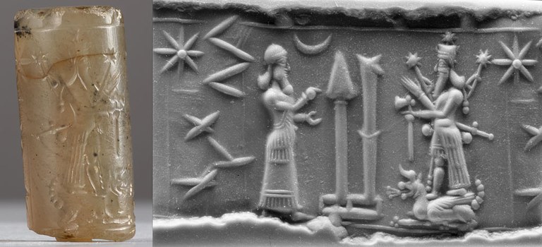 A semi-translucent yellow-white stone cylinder with engraved areas. Horizontal impression of the stone seal in gray clay showing a worshiper on the left facing a spade and stylus placed on platform at center. A bearded god, at right, stands on a seated lion monster. The god is armed with bows, a sword, and holds an ax in front of a sky with stars and a crescent. All figures are slightly abstracted and highly stylized.