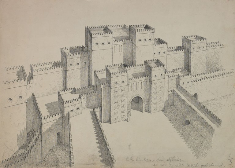 Ink drawing of the reconstruction of the Ishtar Gate. The gate resembles a moat around a palace with large pillars and watchtowers and high walls.