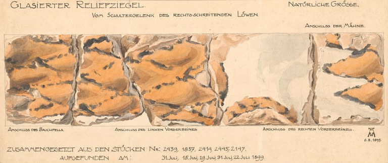 Watercolor diagram showing the face of a brick reconstructed from several fragments, much of which is finished in orange with an overlay of criss-crossing lines made of irregular dots and dashes of translucent black and gray. German titling on the diagram reads: Glasierter Reliefziegel vom Schultergelenk des rechtsschreitenden Löwen.