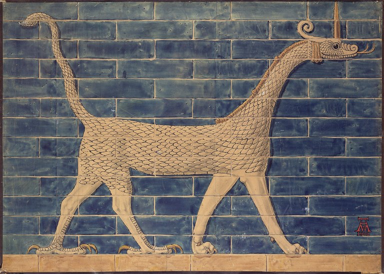 Painting and drawing of a brick wall with a long-necked dragon with fish scales on it. The dragon has hind talons and other reptilian features such as the tongue face of a snake. The background is a navy blue tiled wall, with a dull yellow dragon in the foreground.