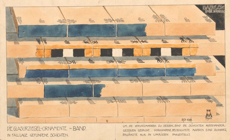 Watercolor diagram showing rows of bricks and the space between the bricks. The face of the bricks shows a partially blue wall with a yellow, white, and black band around the center, as well as the space between with black fitters' marks. The fitters' marks match on the tops and sides of adjacent bricks to show where they go together. There is German text in handwritten pencil at the bottom of the illustration which reads "DIE GLASURZIEGEL-ORNAMENTE-BAND. IN FALLLAGE GEFUNDENE SCHICHTEN."