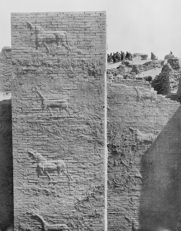 Black and white photograph of the remains of the Ishtar Gate. The wall is made of unglazed bricks with four molded bulls on them.