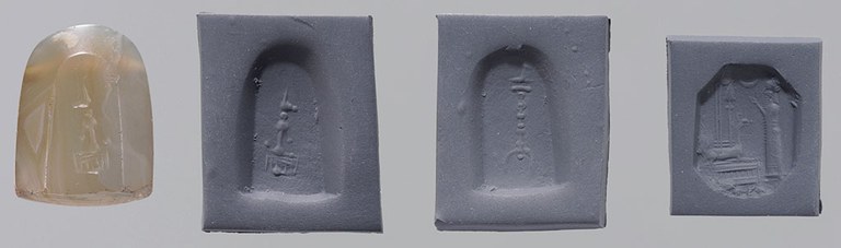 Semi-translucent, yellowish stamp with a rounded top and engraved areas. The seal is accompanied by three gray clay impressions showing (1) a stylized representation of a figure at right, standing before a spade and a stylus, facing an altar with a long-necked, four-legged animal; (2) a stylized dog seated on its hind legs facing right; (3) a tall, stylized structure resembling either an incense burner or lamp.