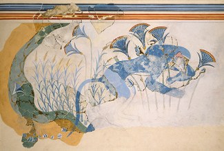 Watercolor restoration of a wall fresco depicting a blue monkey and papyrus blossoms in a riverine setting.