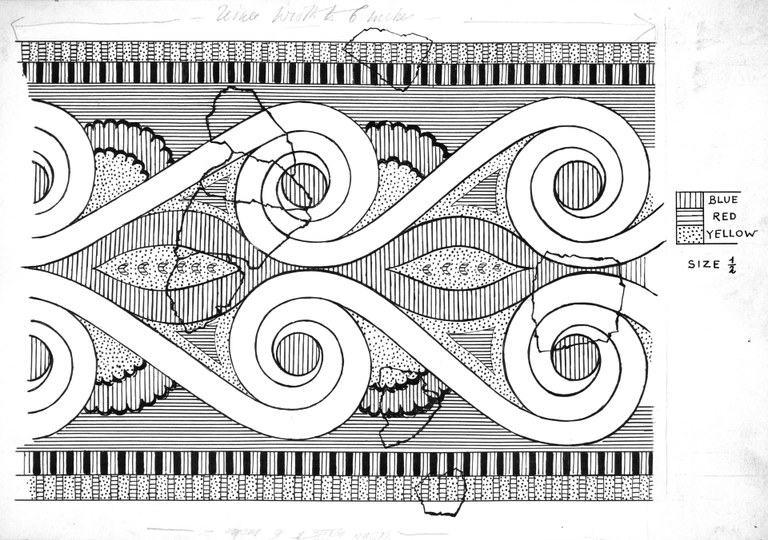 Black and white line drawing of a fragment within a reconstructed line drawing showing a graphic design from a wall decoration