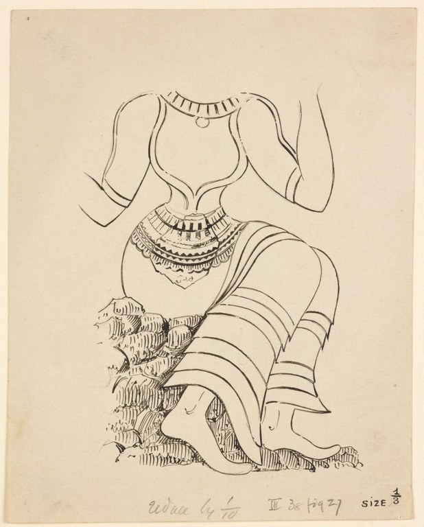 Ink on paper drawing of a headless female figure, seated, wearing a dress but barefoot