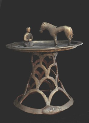 Round Tray on Conical Stand with Figures of Seated Man and Standing Horse in Center