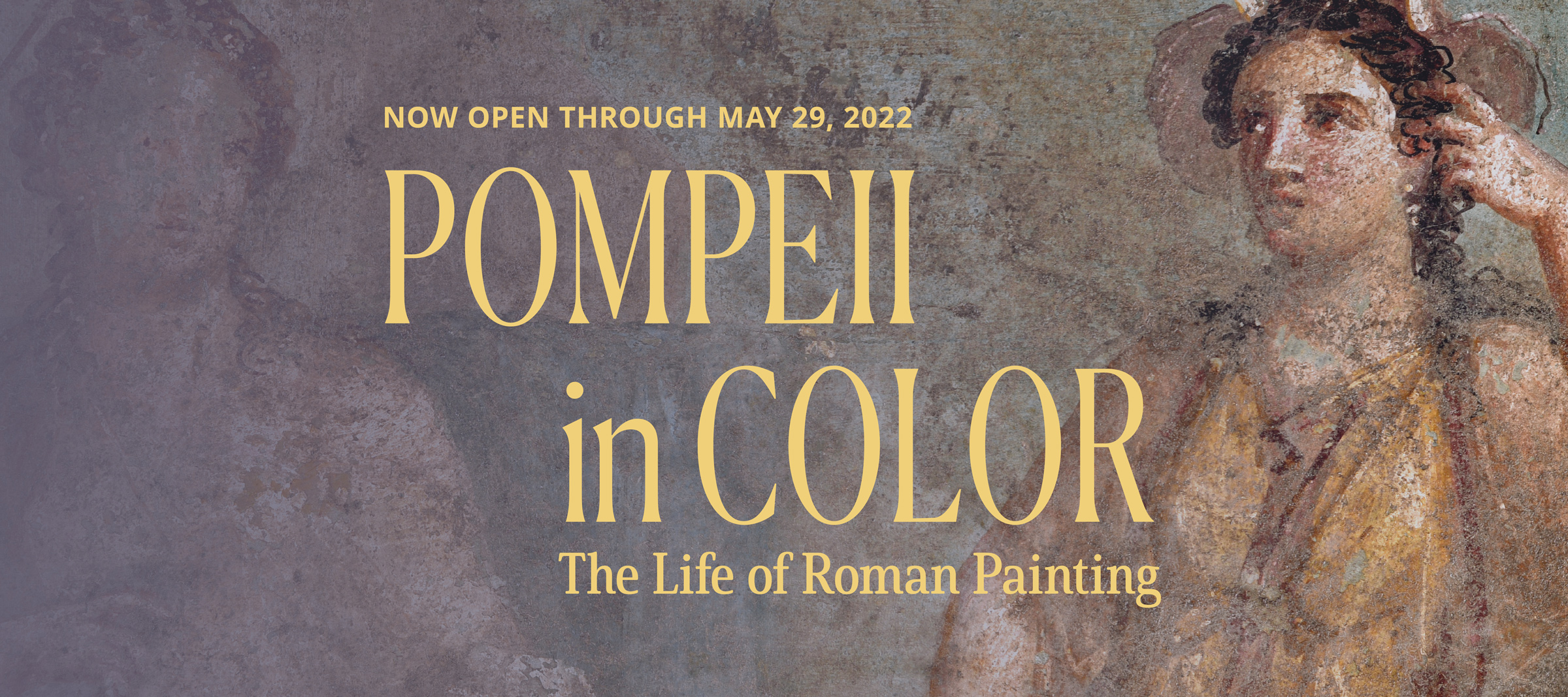 A detail from a Roman wall painting featuring a female figure with long, braided brown hair. In large yellow type, one reads the modern English text: Pompeii in Color, The Life of Roman Wall Painting. Explore the Digital Exhibition