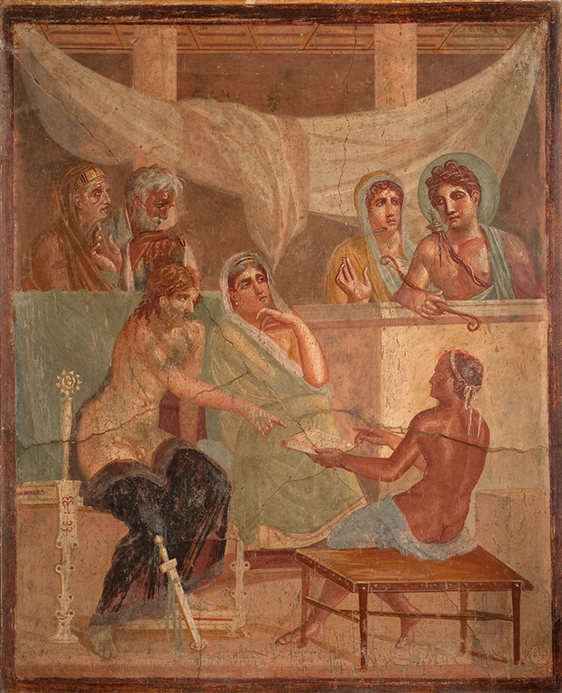 An interior scene in a muted earth-tone palette. In the right foreground a nude figure with drapery across his lap holds a small rectangular board that tells the fate of the man at left. This man, Admetus, is nude from mid-thigh up, with a robe covering his legs and a sword balanced against his right knee. At the center, his wife, Alcestis, wears robes and listens with her left hand under her chin. Admetus points to the scroll at the center of the painting. At the left, the god Apollo is behind a wall. He has persuaded the Fates to save Alcestis’s life if someone will take his place. At the far right in the background are an elderly couple, Alcestis’s parents.