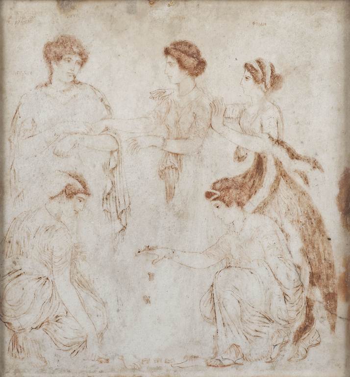 A painting on marble with three standing female figures and two who kneel on either side. The standing figures at right and center reach toward the figure at left. An inscription above the heads of the standing figures lists the names of characters from the story of Niobe, who boasted about her many children to Leto, the mother of the gods Apollo and Diana. The kneeling figures are Niobe’s children, who play knucklebones (astragali), unaware of the offense that their mother (at center) has caused Leto (at right). In the upper left-hand corner, an inscription in Greek letters.