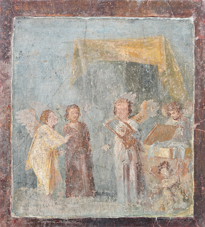A group of psyches make music beneath a canopy. At the left, two sing. In the center a third psyche plays a stringed instrument. At the far right a fourth opens a box that holds a draped cloth. Below that figure sits an erote.