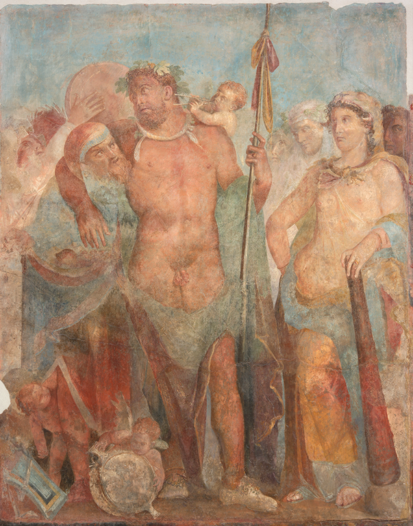The central figure of a nude man wears an ivy-leaf crown and holds a spear in his left hand. His wine cup has fallen to the ground, and he is supported under his right arm by an elderly bearded man. At the right a partially nude woman with a robe draped across her groin and legs leans against the man’s club with her left hand. She wears a lion-skin headdress. Several standing figures look on in the background. Three small childlike figures of erotes are also at play. One blows pipes into the younger man’s left ear; one peeps out from under the robes of the elderly man; and a third attempts to set the wine cup aright.