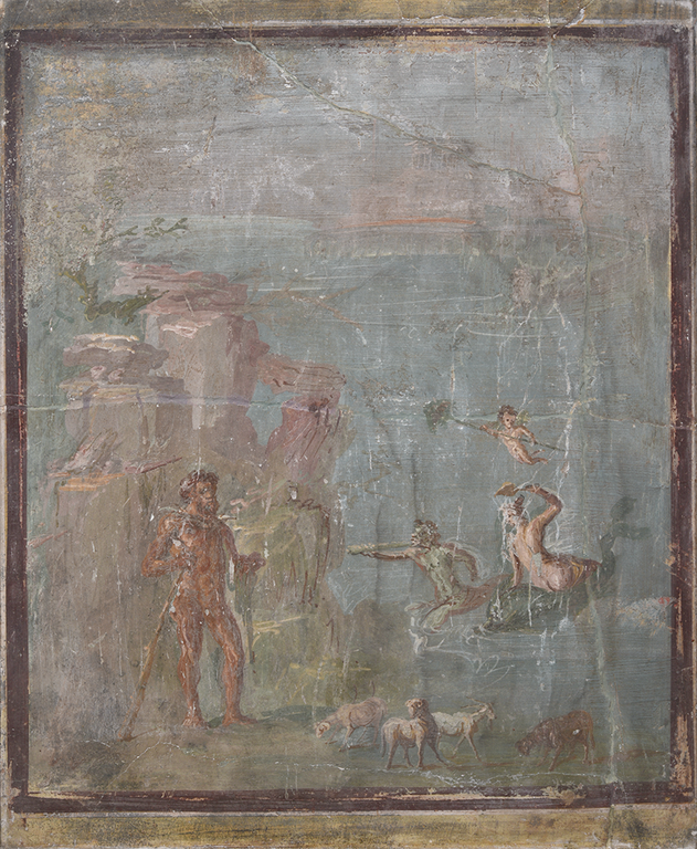 In the left foreground a large muscular nude male holds a club in his right hand. At the right are four sheep. Behind the man is a large rocky outcropping. In a large body of water at right, a nude woman, seen from the back, arrives on the back of a dolphin. She is escorted and introduced by the sound of a triton’s shell-trumpet.