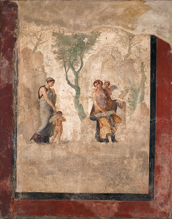 At the left a woman holds the hand of a winged child, Eros. His back is to the viewer and he appears to rub tears from his eyes with his right hand. The woman and Eros are stepping toward another woman, Eros’s mother, who is seated at right. In her lap she holds the child’s confiscated quiver and arrows—presumably as punishment for his mischief. Within a painted frame, the four figures are set in a rocky landscape with a few trees, including a large leafy tree between a cleft in the rocks. There is some pigment and imager loss along the top of the fresco and a bit of gray plaster shows in this spot.