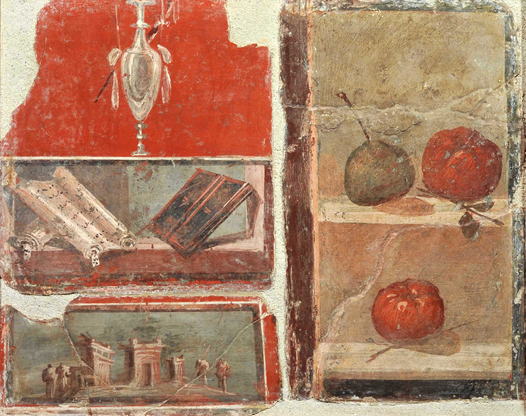 These fragments of fresco are mounted together in a single square frame. On the left, from top to bottom, are a single vase, two scrolls, and a view of five buildings with two small figures in the left foreground. On the right is a two-shelf cabinet with a green fruit and a round fruit on the top shelf, and a roundish red fruit on the bottom shelf.