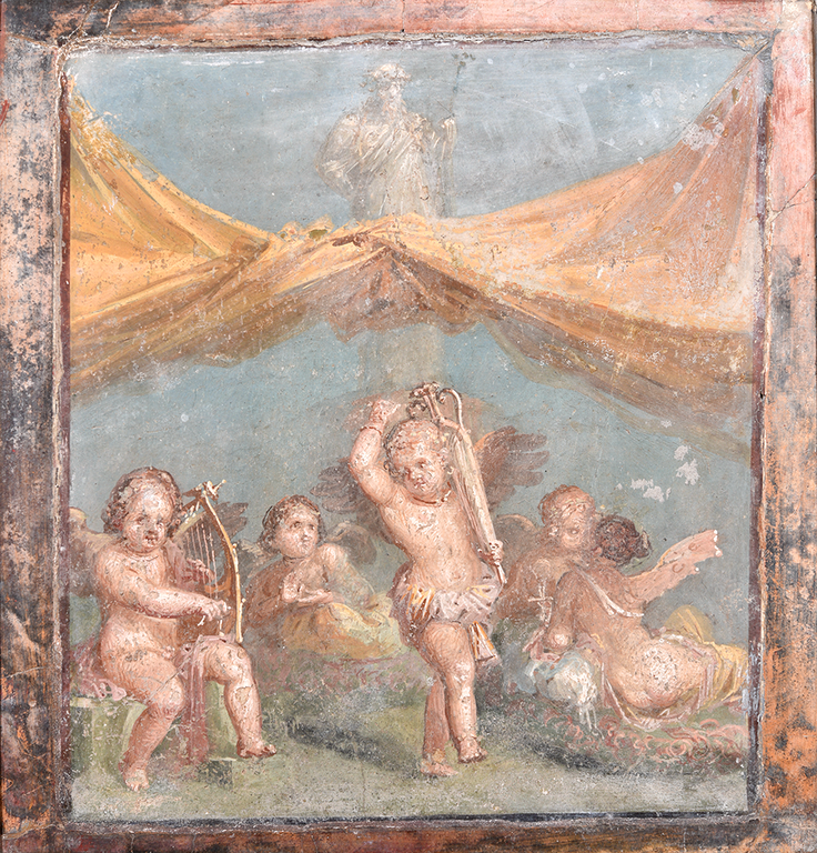 Beneath a canopy, reclining winged erotes and psyches (young girls with butterfly wings that personify the soul) enjoy an outdoor banquet. Two of the erotes play stringed instruments. A statue of Dionysus appears in the background above the canopy.