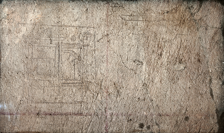 A fragment from the next-to-the-last layer of plaster on a gray wall with two architectural compositions, one with a round temple framed by a pavilion and a half arch, and the other an architrave supported by columns. The overall image is gray with scratched lines.