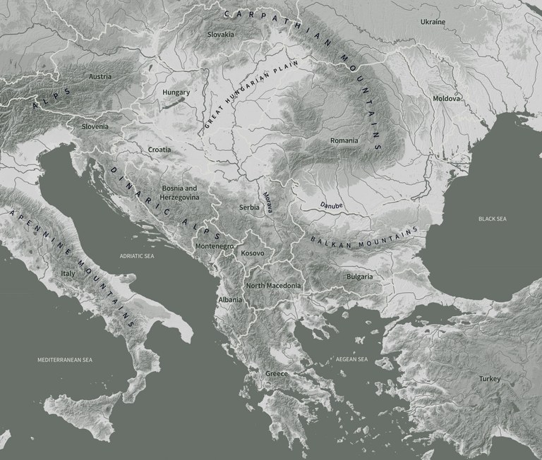 Grayscale map of the Balkans showing mountainous areas with shaded relief, rivers with gray lines, and modern country boundaries with white lines. The following countries are labeled: Austria, Slovakia, Ukraine, Moldova, Romania, Hungary, Slovenia, Croatia, Bosnia and Herzegovina, Serbia, Montenegro, Kosovo, Italy, Albania, North Macedonia, Bulgaria, Greece, and Turkey. The following physical features are labeled: Carpathian Mountains, Alps, Great Hungarian Plain, Dinaric Alps, Balkan Mountains, Apennine Mountains, Adriatic Sea, Mediterranean Sea, Aegean Sea, Black Sea. The following rivers are labeled: Danube, Morava. 