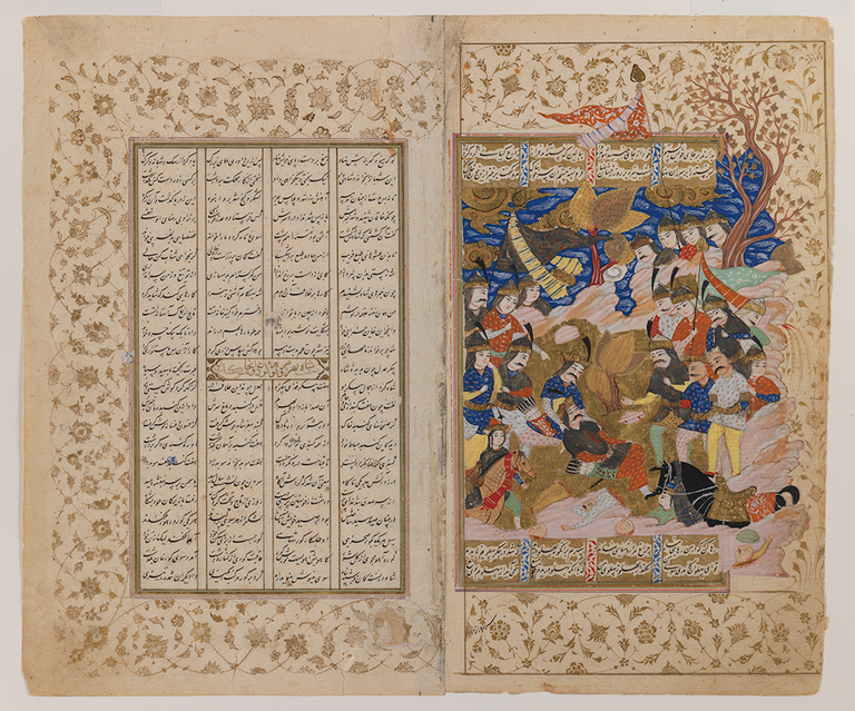 Image of two pages from a book in ink, opaque watercolor and gold on paper of persian or arabic text on the left and a group of soldiers tending to a dying person on the right.