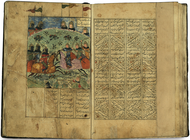 A page of ink, opaque watercolor and gold on paper of two parties fighting on a battleground. The page also contains text in Persian. Facing page shows only text.