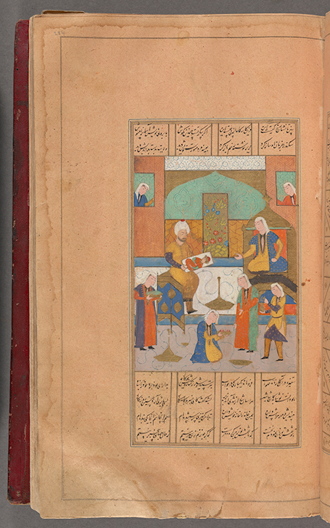 A page on ink, opaque watercolor and gold on polished cream and pink paper showing the meeting of two men and women in their towers watching a scene of people assembled below. The man in the center of the image is holding a painting of a human figure. The picture on the page is surrounded by Persian text.