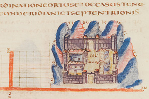 detail image of a city and surrounding centuriated landscape from a manuscript