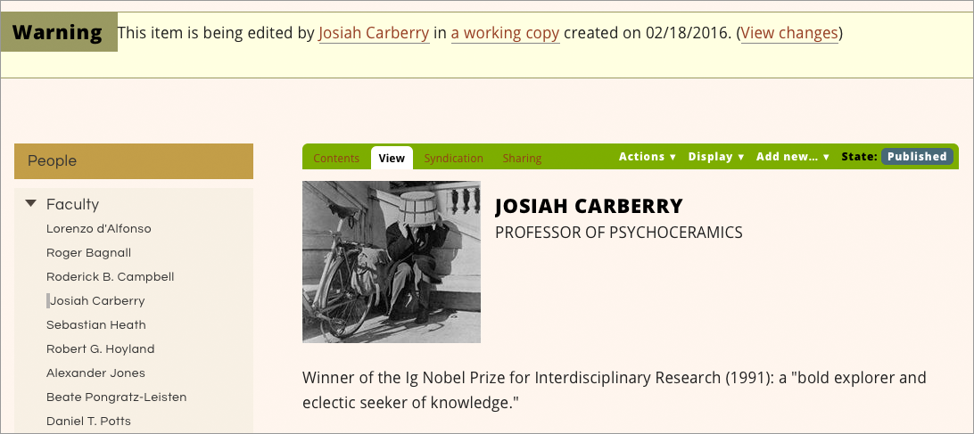 Screen capture showing original, baseline copy with notice linking to new working copy.