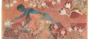 Watercolor restoration of a wall fresco depicting a male figure with elongated limbs and blue skin working among stylized white and yellow saffron blossoms on a rose-colored background.