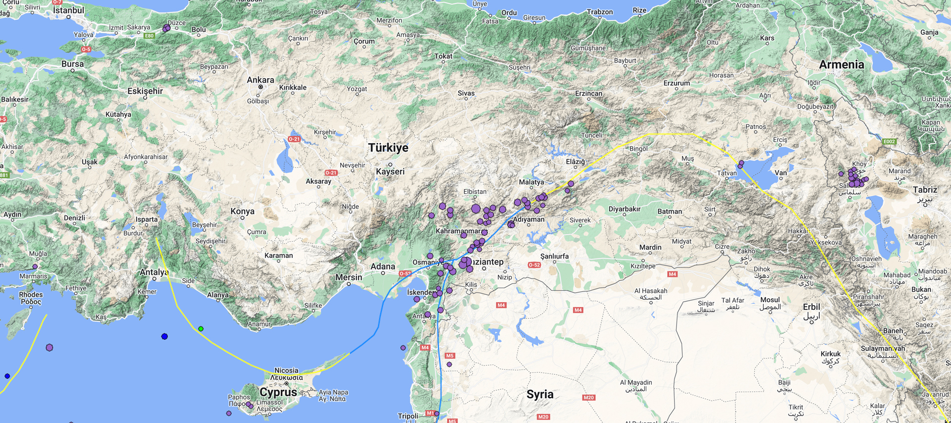 map showing earthquake locations in southern Turkey and northern Syria