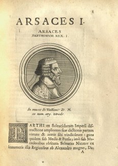 Image of a Arsaces I in profile from a coin, on a page from  Jean Foy-Vaillant’s Arsacidarum Imperium