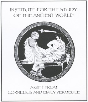 The bookplate for the Vermeule collection, showing two male figures in ancient Greek style. The text reads "Institute for the Study of the Ancient World: A gift from Cornelius and Emily Vermeule."