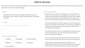 Screenshot of the ISAW AI Librarian interface showing text input boxes, a query and a response.