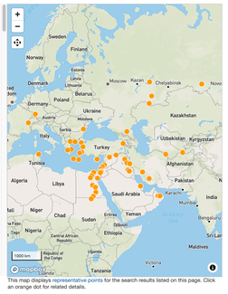 Base map of Europe, Africa, the Near East and Eurasia with representative points indicated by orange dots