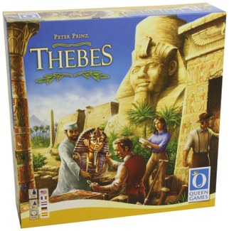 Illustrated game box showing a fanciful view of people engaged in excavation and study work in front of some apparent ancient egyptian structures including the sphinx.