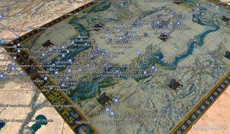 Screenshot from Google Earth showing the Tigris & Euphrates game board overlaid on Google Earth satellite imagery of Mesopotamia, with added points and text representing Pleiades Place resources for Mesopotamian sites.