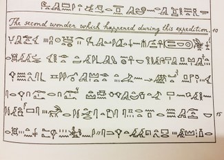 a page in a modern book featuring outline drawings of hieroglyphics (and the english text: The second wonder which happened during this expedition).