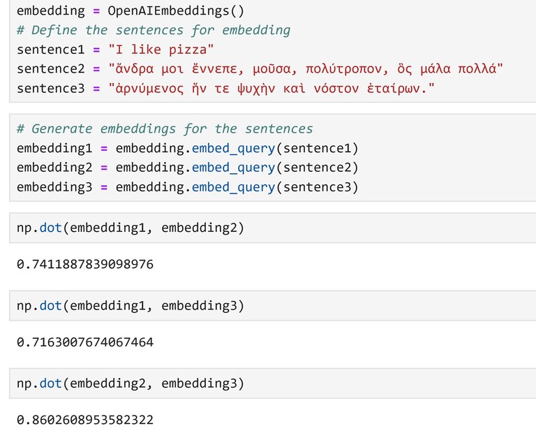 Screenshot of a Python notebook showing sample sentences and code that produces numerical representations of it.