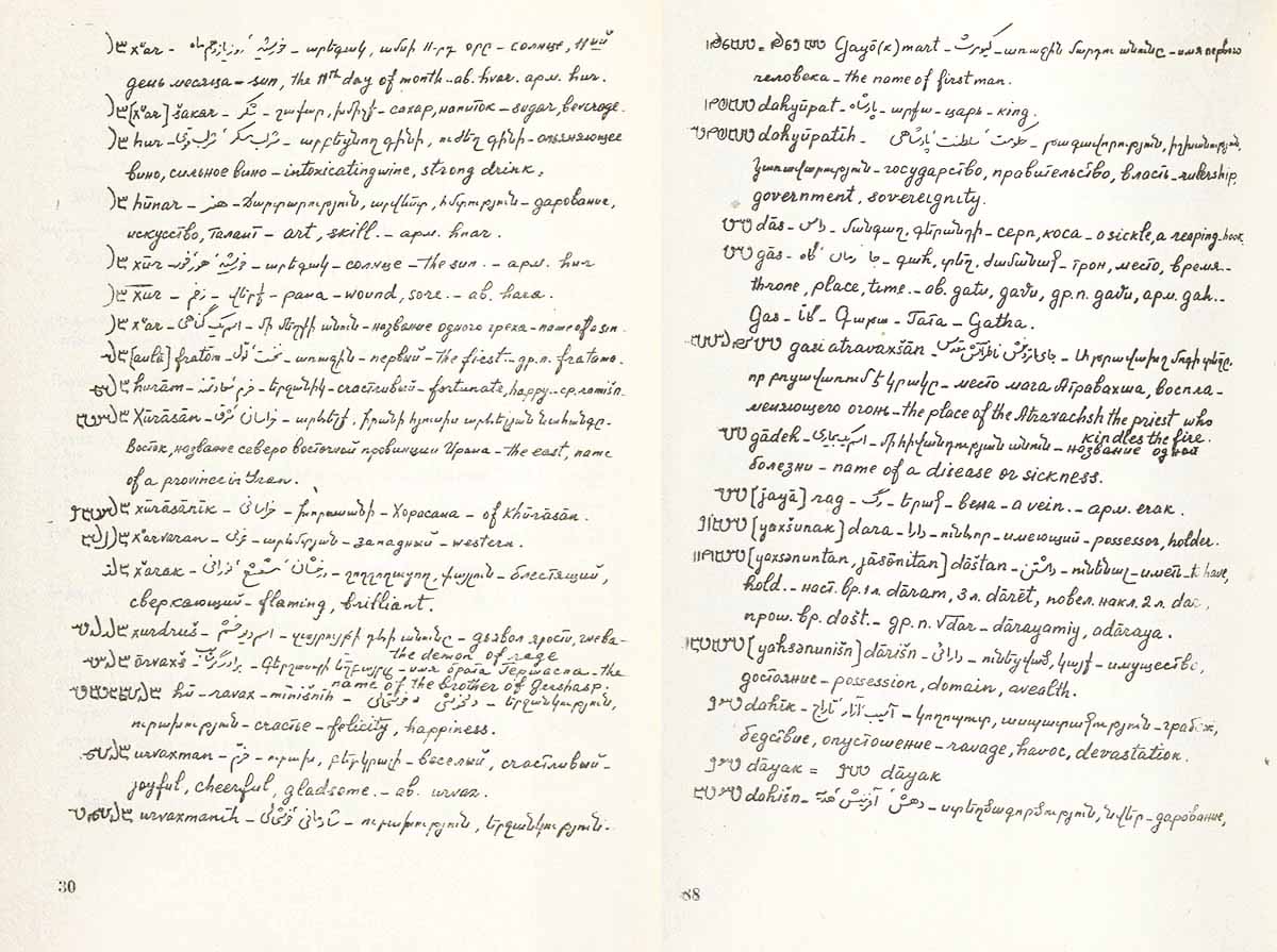 Two pages from a five-language dictionary. The text is reproduced from a handwritten original, with words in five different languages/scripts: Book Pahlavi script, romanized Pahlavi, Modern Persian, Armenian, Russian, and English