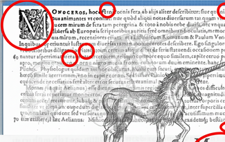 Photo collage with the printed Latin text of Conrad Gesner's Historia Animalium superimposed with a unicorn woodcut from (from same book) and red circles indicating text artifacts and potential sources of OCR error.