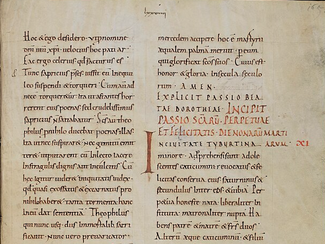 Detail from Opening of The Passion of Saints Perpetua and Felicity: St. Gallen, Stiftsbibliothek, Cod. Sang. 577, p. 165. via Wikimedia