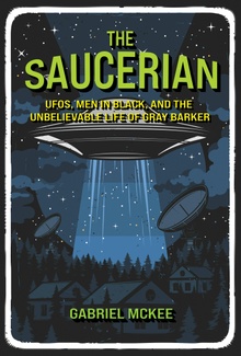 Book cover with cartoon of a circular UFO emitting a broad beam of light over a town in a forested region.