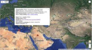 An image, taken from the article discussed in this blog post, of an ISAW Library collection map showing bibliographic data connected to a map point.