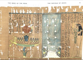 An illustration from E.A. Wallis Budge's "The Book of the dead : facsimiles of the papyri of Hunefer, Ȧnhai, Kerāsher and Netchemet," showing a female figure, a male figure holding a boat, and hieroglyphic text.