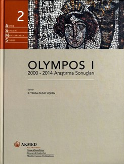 Front cover of the book "Olympos I: 2000-2014 araştırma sonuçları," showing a mosaic portrait of a woman's face.