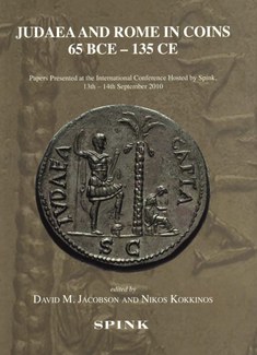 Cover of the book "Judaea and Rome in Coins 65 BCE - 135 CE," showing a Roman coin with the text "Iudaea Capta," two male figures, and a palm tree.