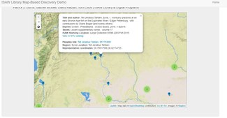 A screenshot of the demo version of the new ISAW Library New Titles Map, showing Upper Mesopotamia with several map points and an open info window for the book "Tell Jerablus Tahtani, Syria, I."